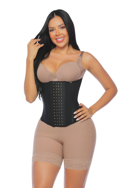 - Cinturilla SMI2027 con efecto reloj de arena y ajuste de 4 niveles
- Vista frontal de cinturilla moldeadora con doble refuerzo y varillas
- Detalle de placa decorativa y costuras reforzadas en la SMI2027
