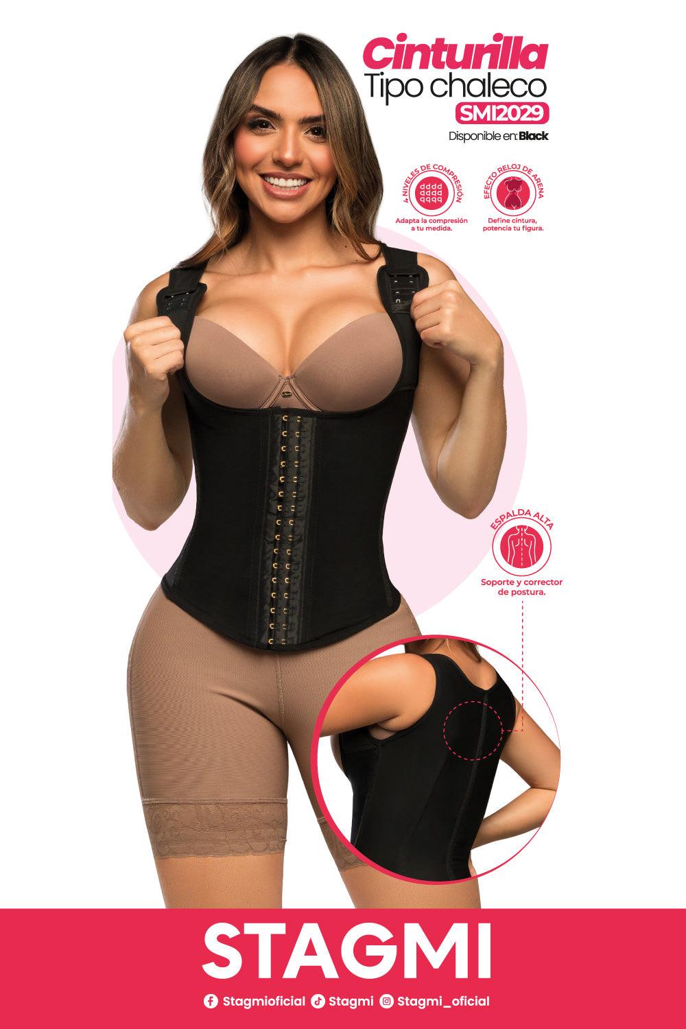 - Cinturilla tipo chaleco SMI2029 con espalda alta y broches
- Vista frontal con varillas moldeadoras y compresión abdominal
- Prenda reductora con 4 niveles de ajuste y diseño ergonómico
